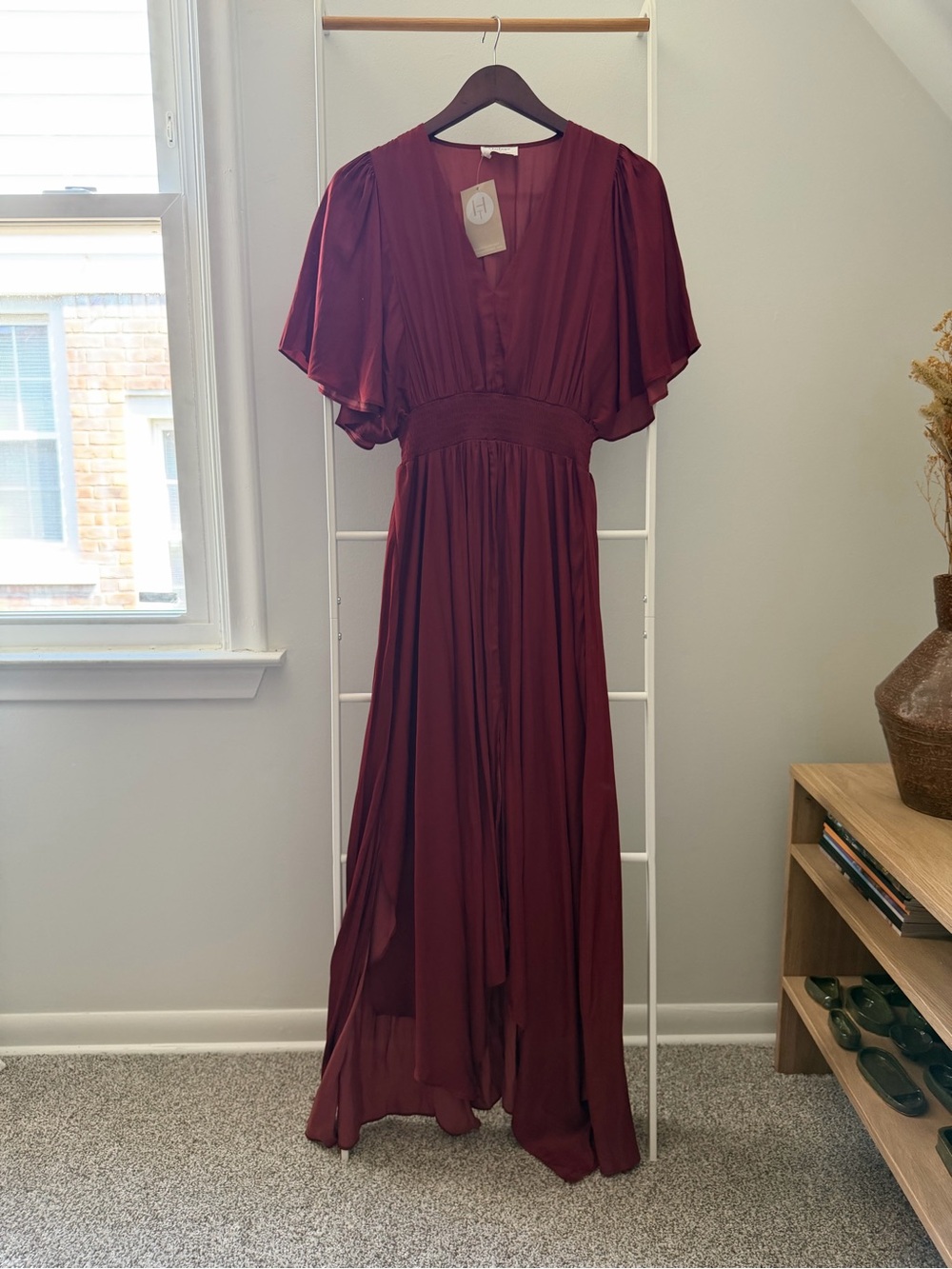 Flowy Burgundy Maxi Dress with Flutter Sleeves